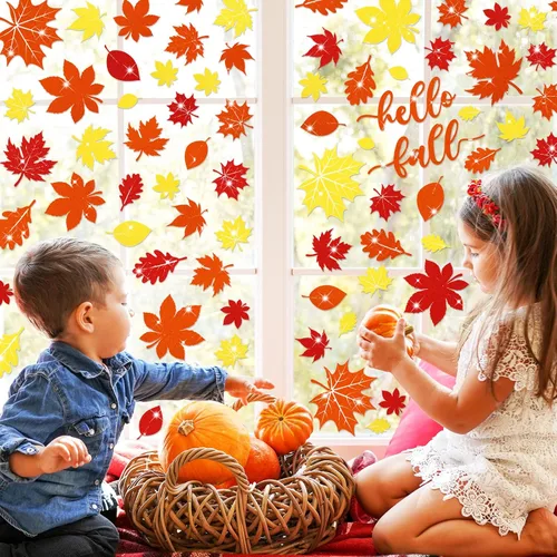 Miniatura 3 de Whaline 105 calcomanías de ventana de hojas de arce con purpurina de otoño, coloridas calcomanías de vidrio de doble cara para otoño, cosecha