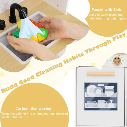 Miniatura 3 de Costzon Cocina de Juguete para Niños, Juguete de Cocina Montessori Little Chef con 2 Estufas, Perillas Giratorias, Grifo, Fregadero, Lavavajillas, 2