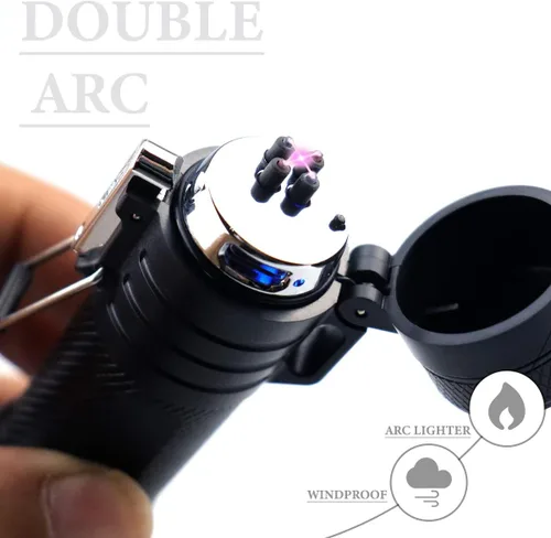 Miniatura 2 de Encendedor de doble arco impermeable al aire libre con linterna LED brillante USB recargable de plasma de arco encendedor a prueba de viento sin
