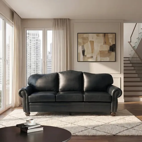 Miniatura 10 de HULALA Home Sofá de cuero genuino de 81 pulgadas con ribete de clavos y reposabrazos enrollados, moderno de mediados de siglo, sofá de 3 plazas