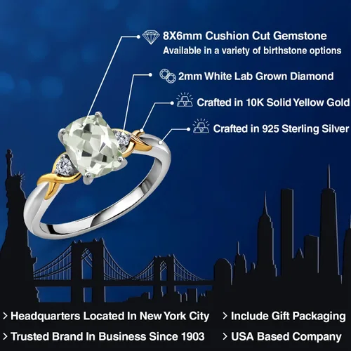 Miniatura 51 de Gem Stone King Anillo de compromiso de 3 piedras preciosas de plata 925 y oro amarillo de 10 quilates de 0.315 x 0.236 in de talla cojín y diamante