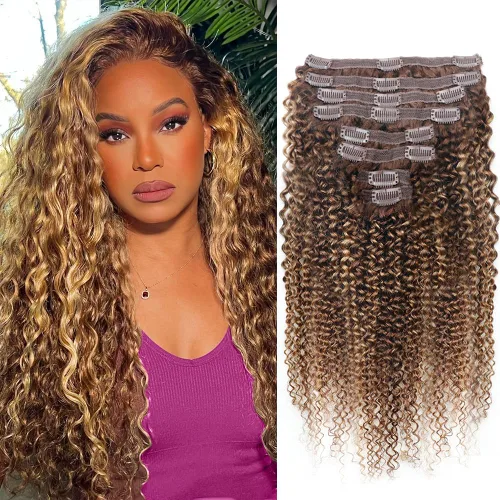 Miniatura 13 de Extensiones de cabello humano rizado con clip, 3C 4A, rizado con clip, cabeza completa, para mujeres negras, cabello humano brasileño Remy