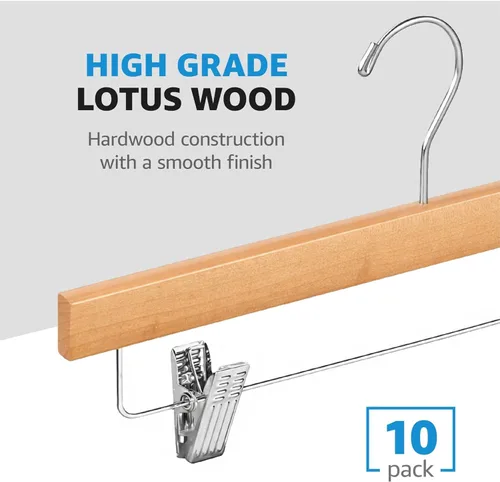 Miniatura 4 de ZOBER Perchas de madera para pantalones con clips, paquete de 10 perchas de madera de loto maciza de alta calidad para mujer, colgador de madera