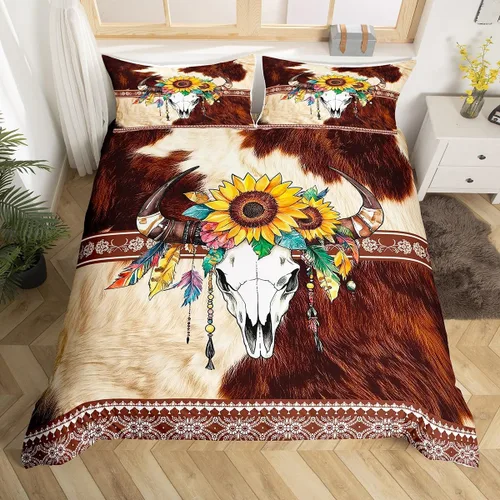 Miniatura 33 de Erosebridal Funda de edredón de piel de vaca marrón con estampado de vaca de las tierras altas, juego de ropa de cama occidental exótico azteca