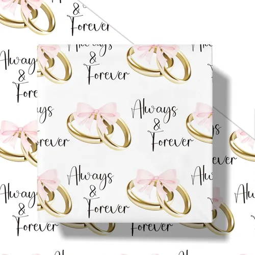Miniatura 2 de RUSPEPA Rollo de papel de regalo de boda, mini rollo, lazos rosas y anillos dorados con diseño de texto "Always & Forever", elegante envoltura