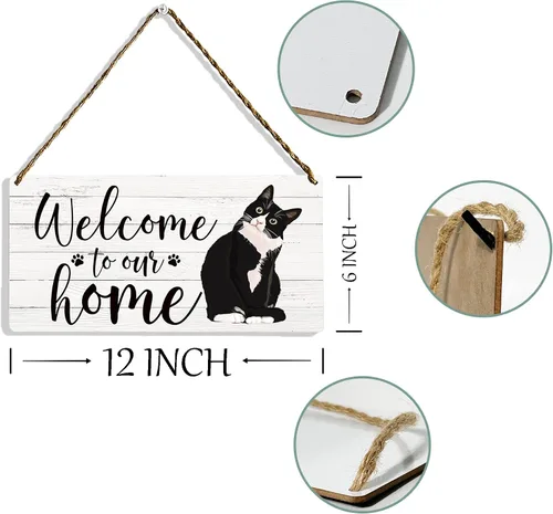 Miniatura 4 de KongMoTree Letrero divertido de madera de bienvenida con gato para puerta delantera, bienvenida a nuestro hogar, porche, rústico, hogar, oficina