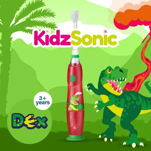 Miniatura 2 de brush-baby - KidzSonic Dinosaur Cepillo de dientes eléctrico para niños a partir de 3 años con luces LED de discoteca, vibraciones sónicas suaves