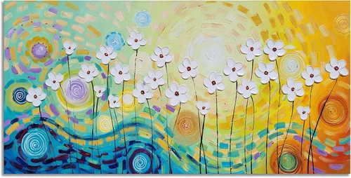 Miniatura 3 de YHSKY ARTS - Pinturas de flores blancas al óleo con textura pintada a mano, lienzo moderno y colorido, arte de pared contemporáneo, imágenes