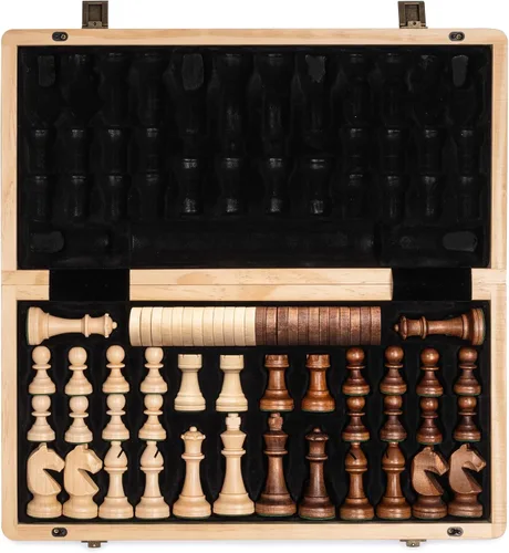 A&A Juego de ajedrez y damas de madera plegable de 15 pulgadas para adultos / Piezas de ajedrez Staunton ponderadas de 3 pulgadas de altura del rey