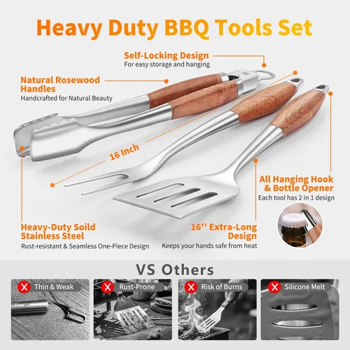 Miniatura 2 de Juego de accesorios para parrilla de 16 pulgadas, herramientas de accesorios para barbacoa de acero inoxidable resistente y accesorios para parrilla