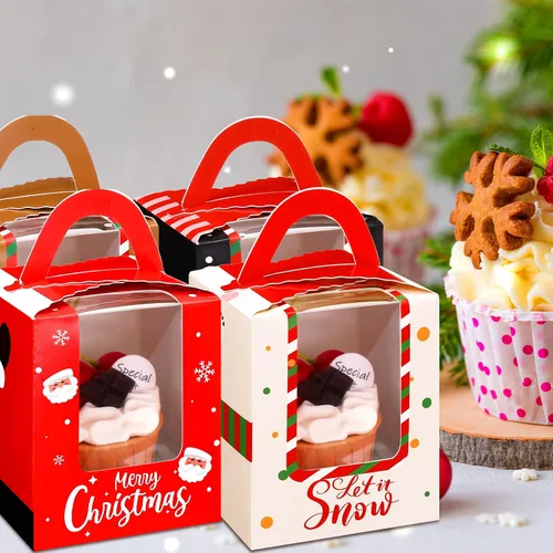 Miniatura 5 de TaoBary 24 cajas de magdalenas de Navidad, caja individual para cupcakes, cajas de galletas de Navidad con asa de inserción de ventana, soporte