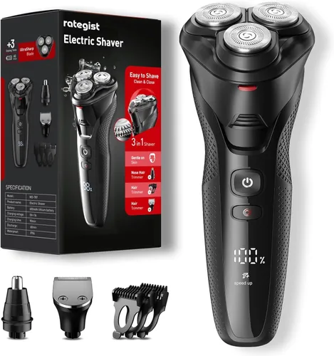 Miniatura 3 de Rategist Maquinilla de afeitar eléctrica 3 en 1 para hombres, afeitadora de barba recargable con recortador de nariz, gris metálico