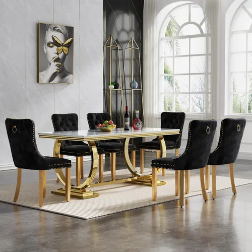 Miniatura 21 de HomVent Juego de mesa de comedor moderna de mármol sintético para 4 personas, mesa de cocina rectangular con 4 sillas beige (dorado)