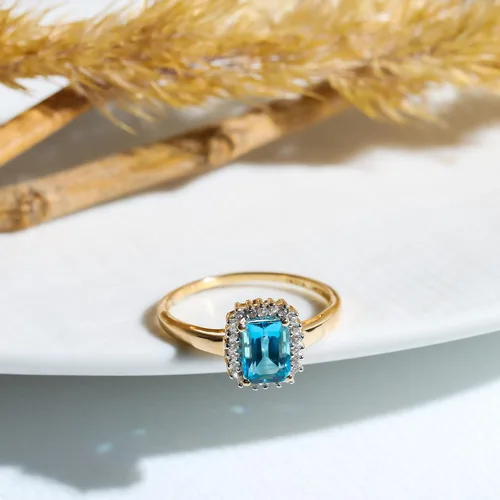 Miniatura 3 de YoTreasure Anillo de compromiso de oro amarillo sólido de 10 quilates con topacio azul Londres de 1.34