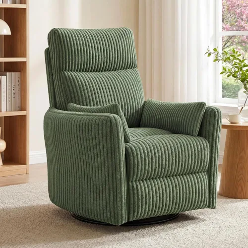 Miniatura 14 de LINSY Silla reclinable giratoria 360, mecedora para guardería con 2 almohadas, silla de enfermería de pana, cómoda silla de enfermería con respaldo