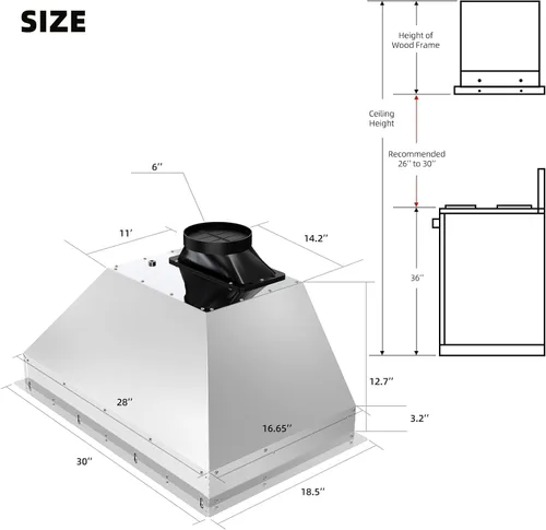 Miniatura 2 de BRANO Campana extractora de inserción, campana de ventilación de cocina integrada de 900 CFM con control de voz, gestos y táctil, ventilador