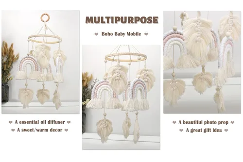 Miniatura 6 de Boho Baby Macramé Rainbow Boho Mobile - Regalo de ducha para recién nacido Arco iris+pluma