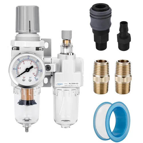 Miniatura 13 de NANPU 1" NPT Filtro de aire comprimido, regulador y lubricador (FRL) Combo - Separador de trampa de agua/aceite - Calibrador (0-150 psi), elemento