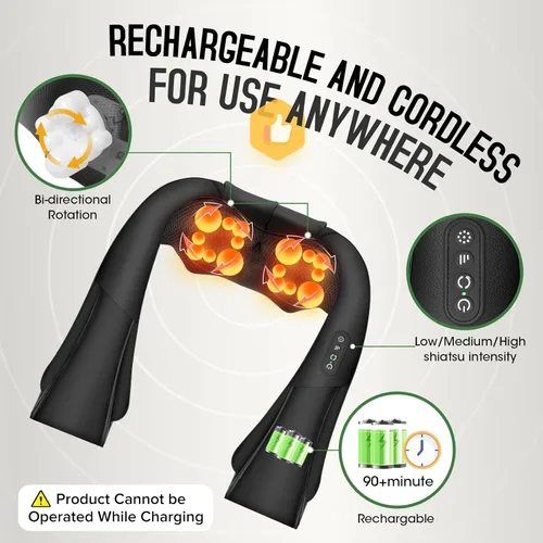 Miniatura 2 de Masajeador Shiatsu inalámbrico de cuello y hombros, masajeador de espalda con calor, masaje de tejido más profundo 4D para hombros, cuello y Negro