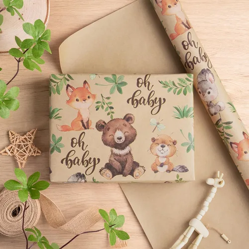 Miniatura 4 de RUSPEPA - Rollo de papel para envolver regalos con diseño de animales del bosque, mini rollo, papel kraft con texto "Oh Baby" para baby shower