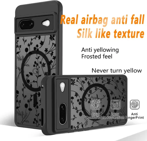 Miniatura 6 de Funda magnética para Google Pixel 7 [compatible con MagSafe] Bonita funda con patrón floral de flores negras para mujeres y niñas, TPU suave, parte