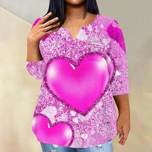 Miniatura 4 de FlekmanArt Womens Sweatshirt Valentine's Day Print V Neck Blouses Plus Size Long Sleeve Outfit Lightweight Pullover Tops
