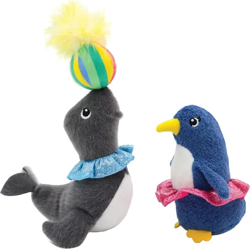 Jumpaws Paquete de 2 juguetes interactivos para gatos con hierba gatera y plumas, pingüino de circo y hierba gatera de foca, accesorios para gatos