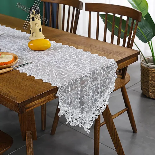Miniatura 4 de Hsvanyr Camino de mesa de encaje blanco bordado pequeño suave cubierta de tocador bufanda clásica rectangular macramé mesa decoración 15 pulgadas x