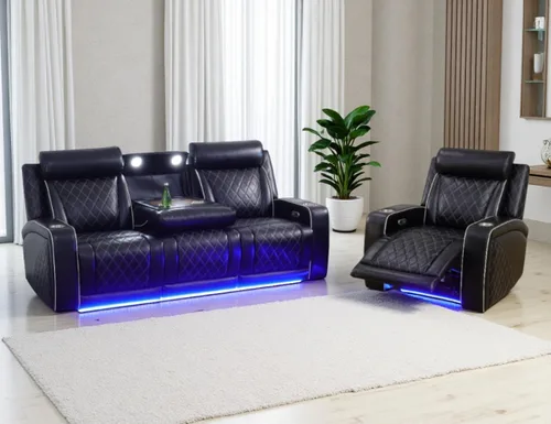Miniatura 12 de Juego de Sofá Reclinable Eléctrico, Juego de Sofá y Sillón Reclinable de Cuero Negro, Juegos de Muebles de Sala de Estar, Sofá de Dos Plazas
