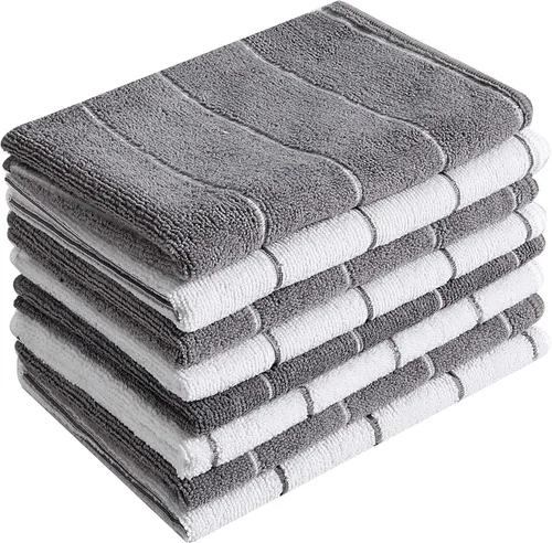 Toallas de cocina de microfibra, superabsorbentes, suaves y de color sólido, paquete de 8 (diseño de rayas colores gris y blanco), 26 x 18 pulgadas