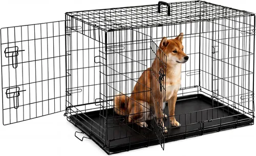 Jaula para perros – Jaula portátil mediana de 36 pulgadas de doble puerta, jaula de alambre de metal para mascotas con bloqueo seguro, bandeja a