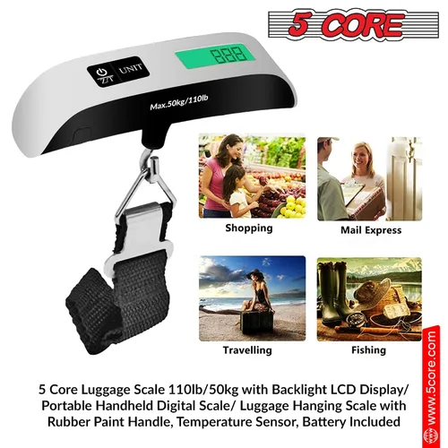 Miniatura 7 de 5 Core LSS-004 - Báscula digital para equipaje, pantalla LCD con retroiluminación y escala de equipaje con capacidad de 110 libras, báscula colgante