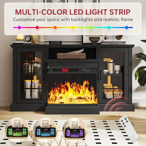 Miniatura 3 de oneinmil - Soporte de TV con chimenea de 59 pulgadas y vidrio en 3 lados para aparatos de hasta 65 pulgadas, centro de entretenimiento moderno
