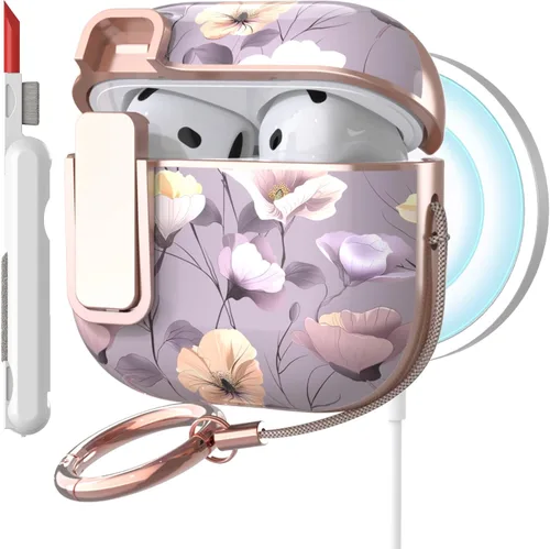 Miniatura 28 de TATOFY Funda protectora para AirPods 1 y 2, elegante funda protectora duradera con patrones de flores bonitas y llavero con clip