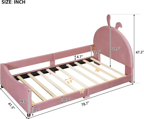 Miniatura 2 de Sofá cama de terciopelo de tamaño individual con cabecera en forma de oreja de conejo, marcos de cama de plataforma individual para niños y niñas