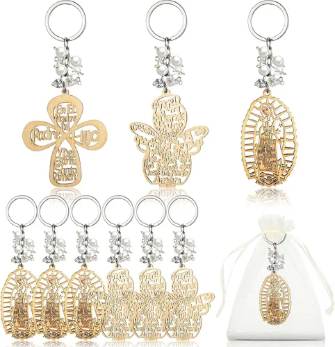 Miniatura 9 de Hicarer Llavero de bautismo cristiano, 18 unidades, perlas de recuerdos de bautizo, llavero de madera con bolsas de organza para bautismo