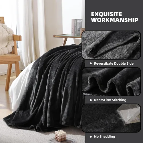 Miniatura 3 de Manta de Forro Polar Negro para Sofá, Silla, Sillón, Suave, Cálida, Mullida y Acogedora para Mujeres y Hombres, 300GSM Decoración de Habitación