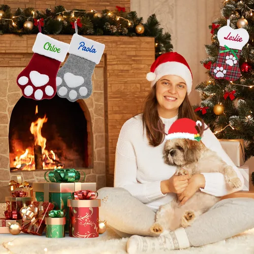 Miniatura 7 de Calcetines de Navidad personalizados para perros y gatos, calcetín de Navidad bordado con nombre personalizado en forma de pata de mascota o hueso