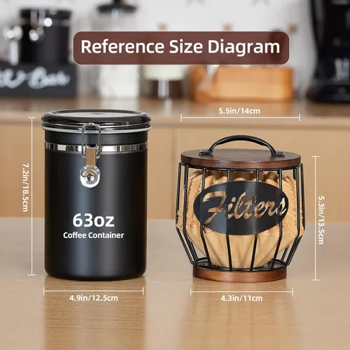 Miniatura 3 de Yangbaga Soporte para filtro de café con tapa de madera, cesta de almacenamiento de filtro de café de madera y metal para filtros de café de 2 a 4
