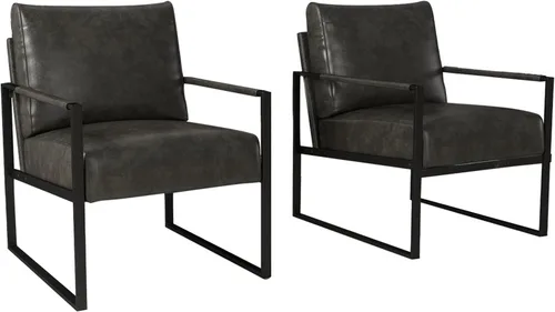 Miniatura 13 de INZOY Silla decorativa de cuero con marco de metal, cómoda silla de sala de estar con respaldo y cojín, silla moderna de mediados de siglo con Marrón