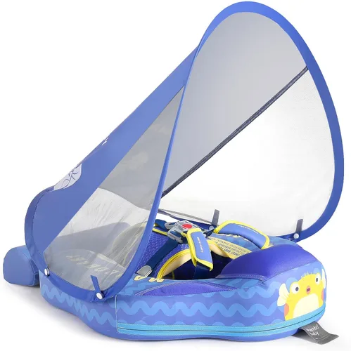 Miniatura 22 de Mambobaby Flotador con Toldo y Cola Nuevo Mejorado Flotador de Piscina No Inflable para Bebé Flotador de Natación Mambo Entrenador de Natación azul
