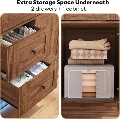 Miniatura 10 de LIKIMIO Armario de granja con puertas, armario de dormitorio de 70 pulgadas con luces LED y barra para colgar, armario grande de madera con 2 Nogal