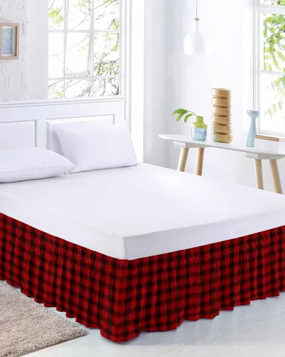 Falda de cama a cuadros rojos y negros, tamaño Cal King, con caída de 18 pulgadas, ajustable y elástica, plisada, con volantes antipolvo de lujo
