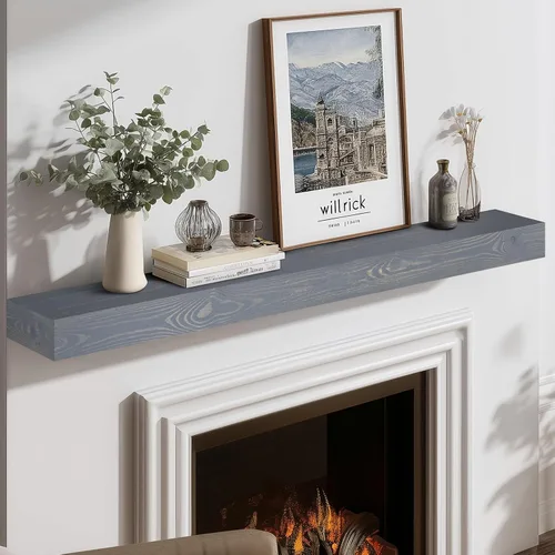 Miniatura 23 de Repisa de chimenea de 48 pulgadas, madera maciza rústica hecha a mano de 3 pulgadas de grosor, estante flotante largo de pared con soporte de metal