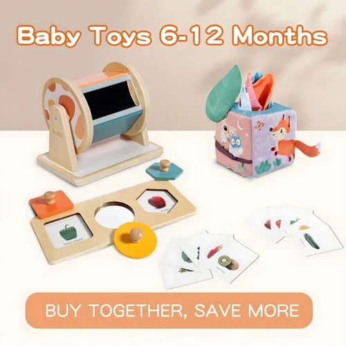 Miniatura 2 de Twefex Juguetes Montessori para bebés de 6 a 12 meses – Kit de juego 3 en 1 para bebés – Tambor giratorio mediano – Caja de pañuelos para bebé
