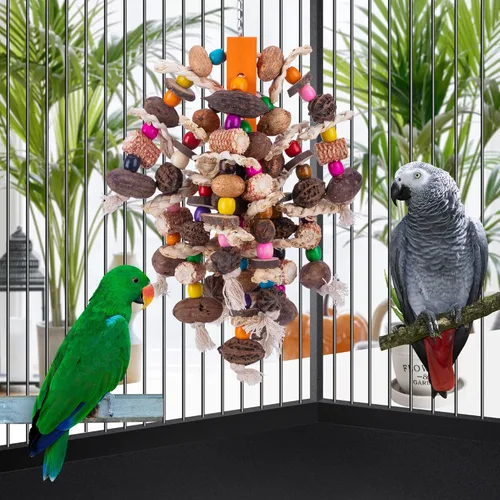 Miniatura 5 de Deloky Juguetes para masticar pájaros loros grandes, frutos secos naturales, juguete desgarrador de loro de maíz, juguete de jaula de madera