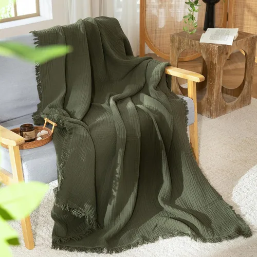 Miniatura 9 de MooMee - Manta de muselina 100% algodón, manta de 4 capas de gasa con borlas, ultra suave, transpirable, ligera y refrescante para cama y sofá Verde