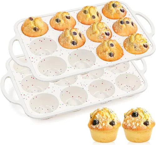 FUNBAKY Moldes de silicona para magdalenas para hornear, marco reforzado de metal, 12 tazas, molde de cupcakes de tamaño regular, antiadherente,