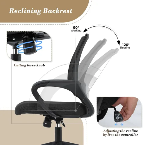Miniatura 4 de Silla de oficina ergonómica, silla de escritorio de malla con soporte lumbar y asiento ancho (capacidad de 300 libras) altura ajustable, ruedas Negro