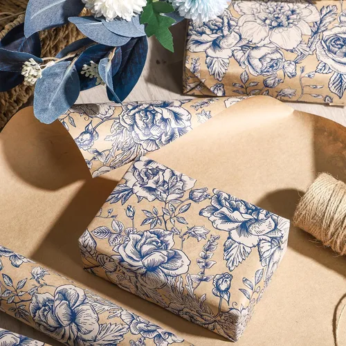Miniatura 5 de RUSPEPA Rollo de papel de regalo floral, mini rollo, rosas azules con delicado papel kraft de follaje, papel de regalo de flores vintage